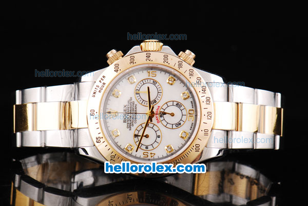 Rolex Daytona Oyster Perpetual Swiss Valjoux 7750 Automatic Movement Two Tone with White Dial and Diamond Markers - Click Image to Close